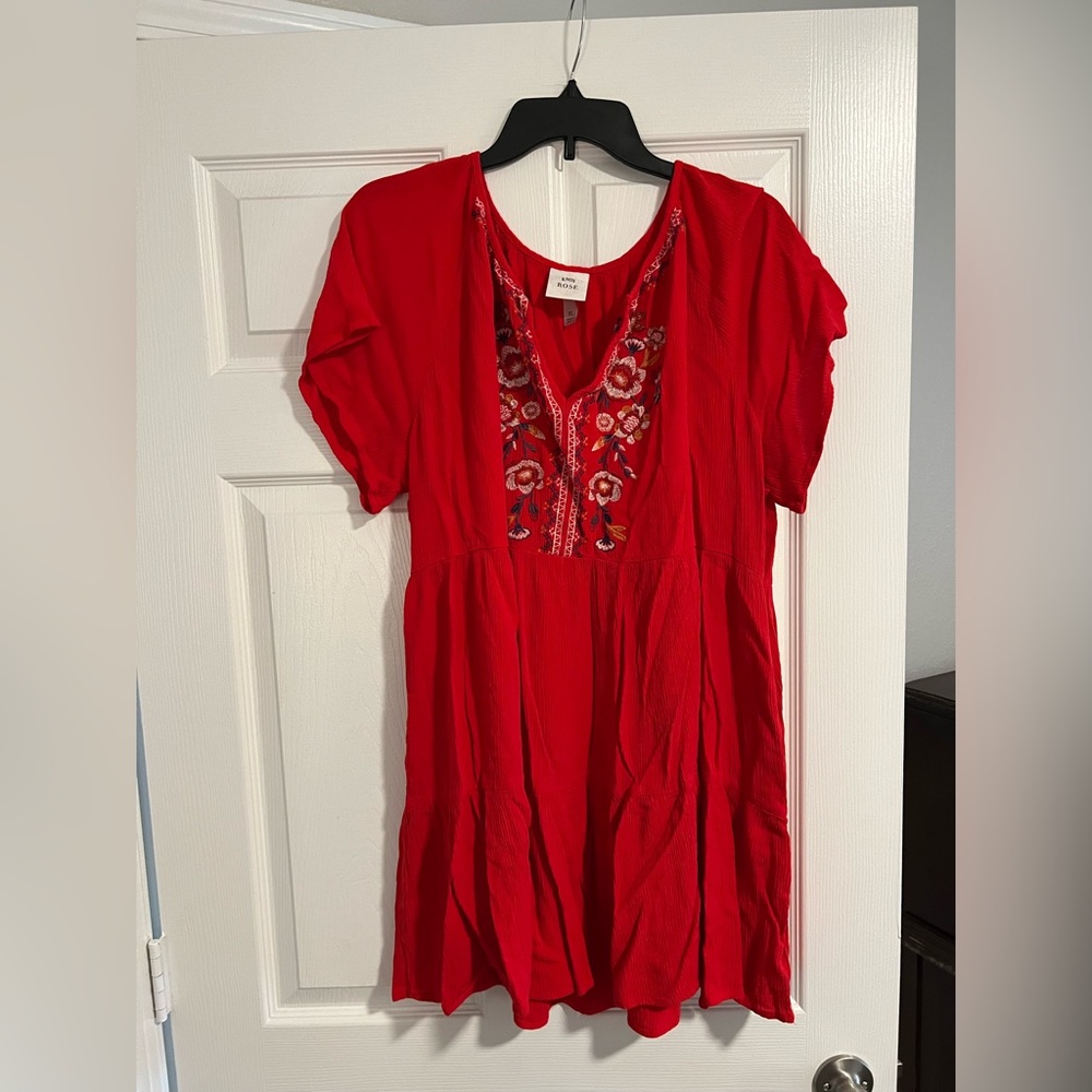 Knox Rose Short Sleeve Embroidered Red Tiered Dress - Size XL